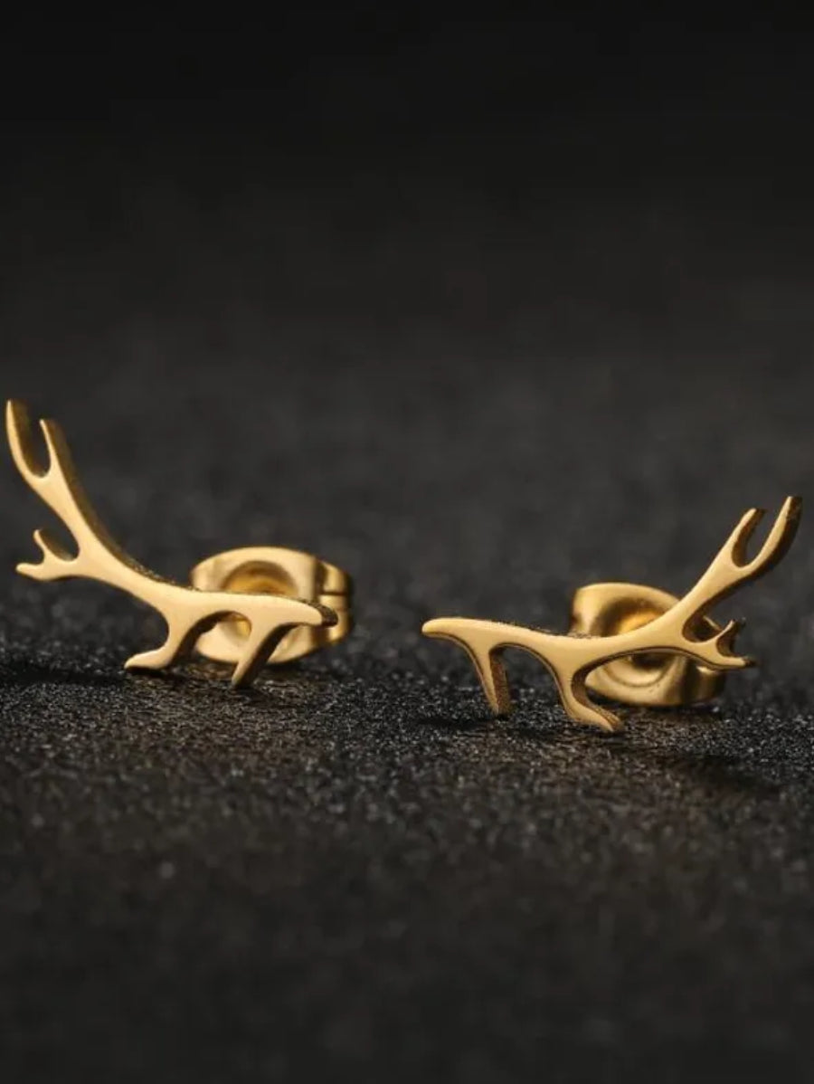 Обеци по дължина на ухото от неръждаема медицинска стомана еленски рога, цвят злато