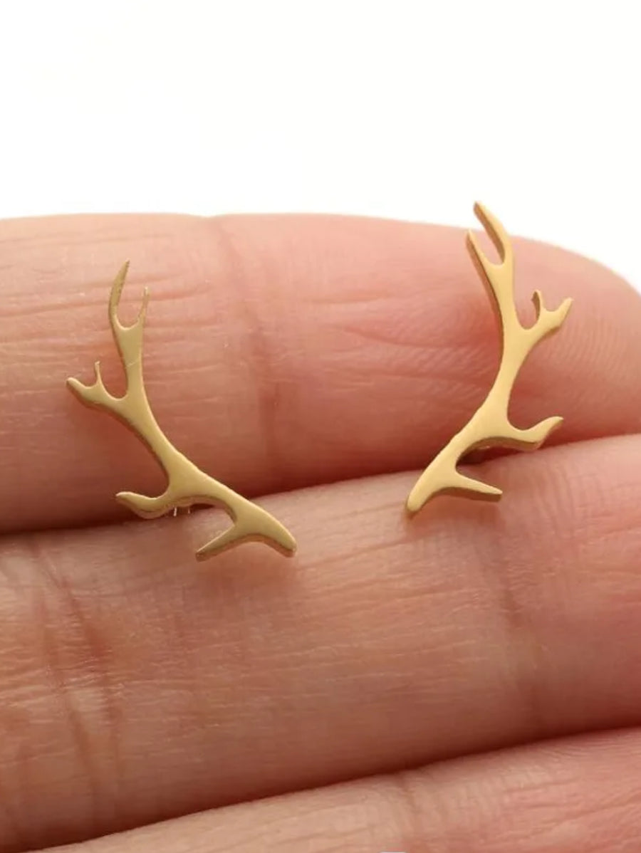 Обеци по дължина на ухото от неръждаема медицинска стомана еленски рога, цвят злато