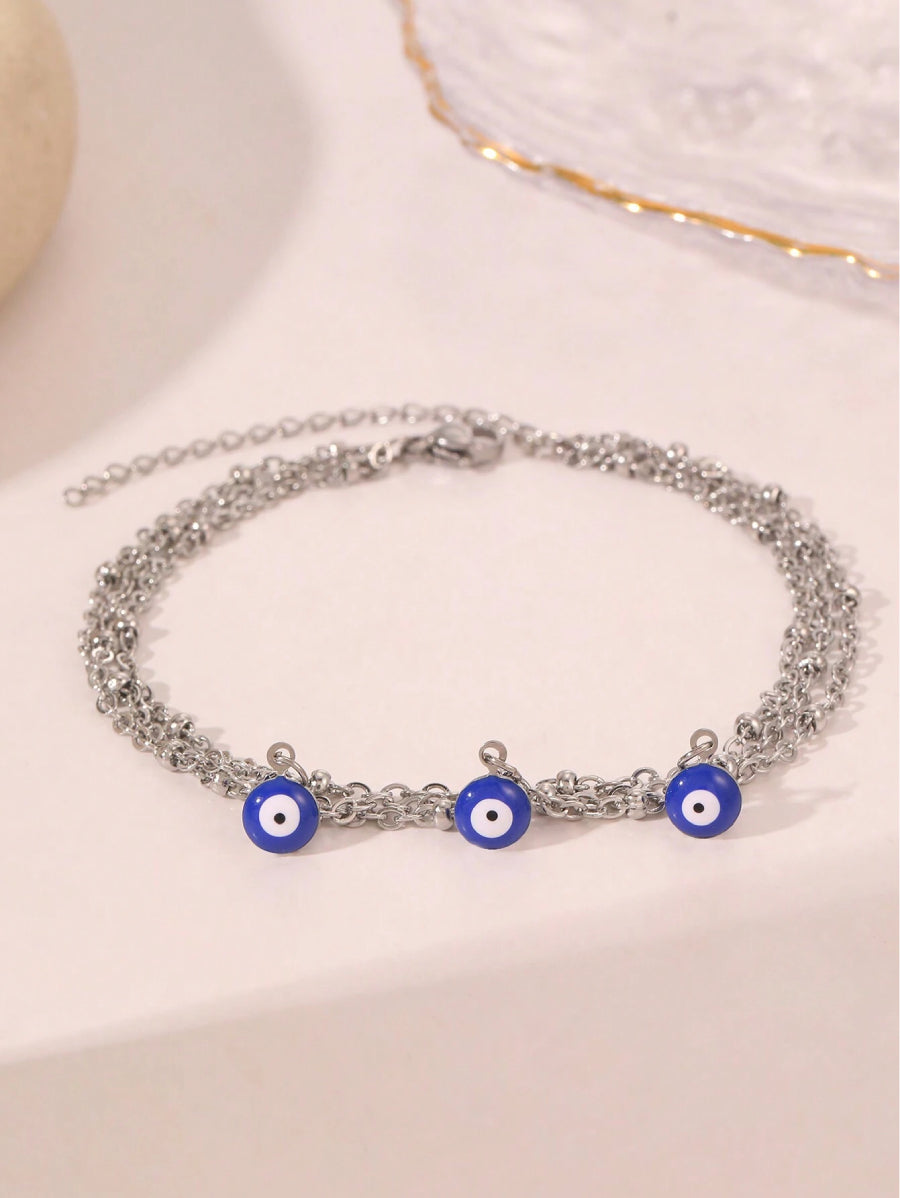 Гривна за глезен неръждаема стомана синьо око, цвят сребро