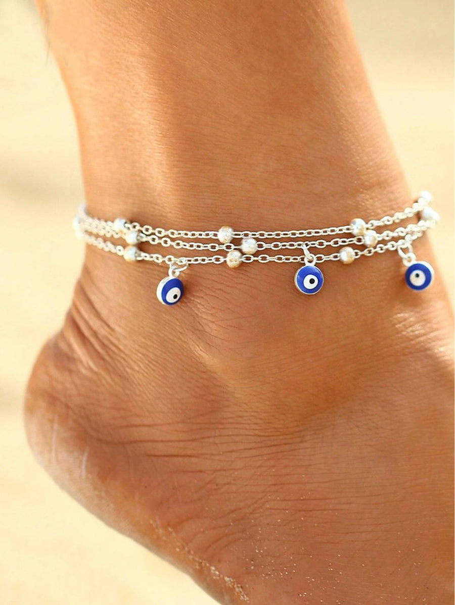 Гривна за глезен неръждаема стомана синьо око, цвят сребро