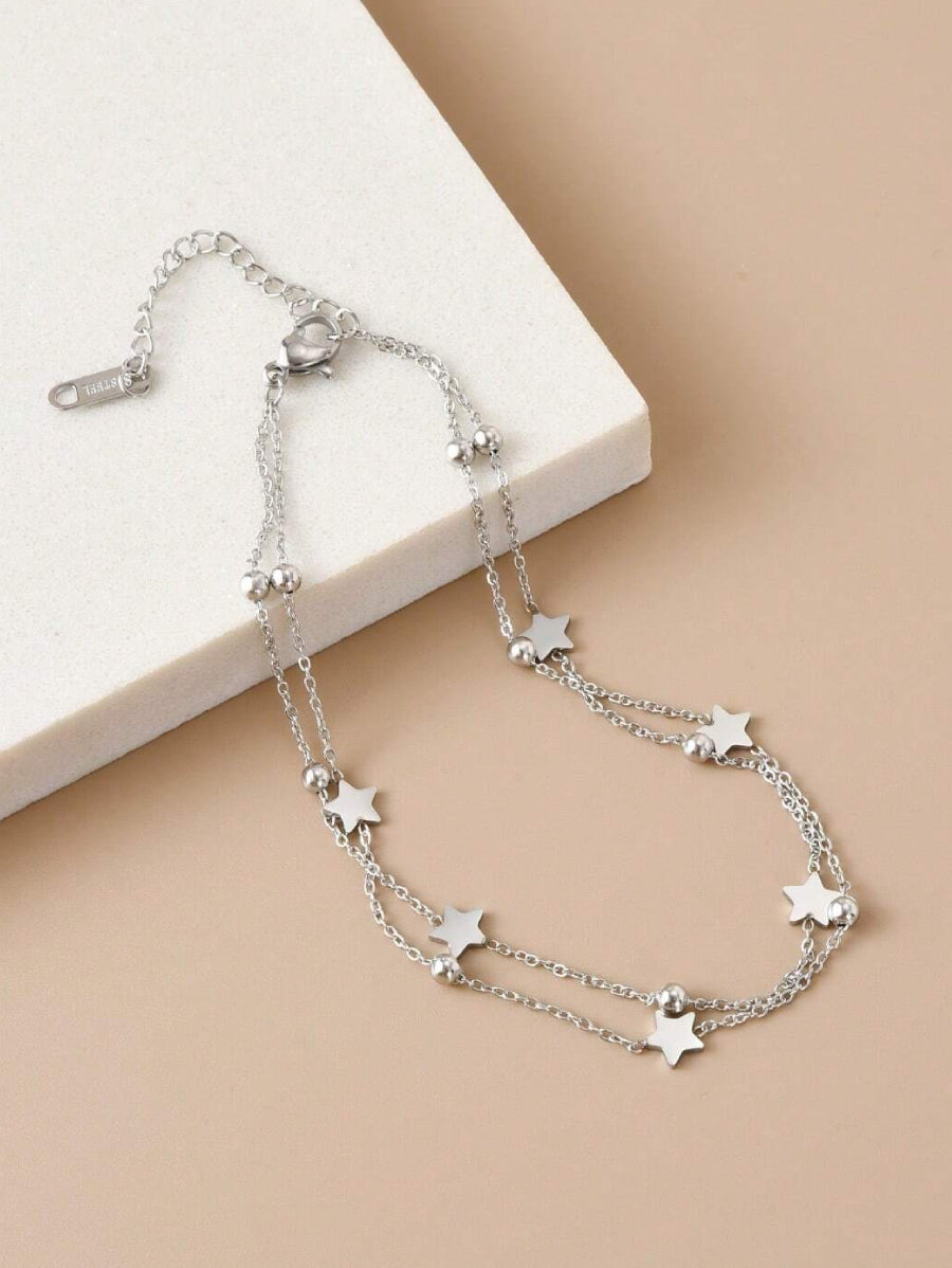 Гривна за глезен неръждаема стомана звездички, цвят сребро