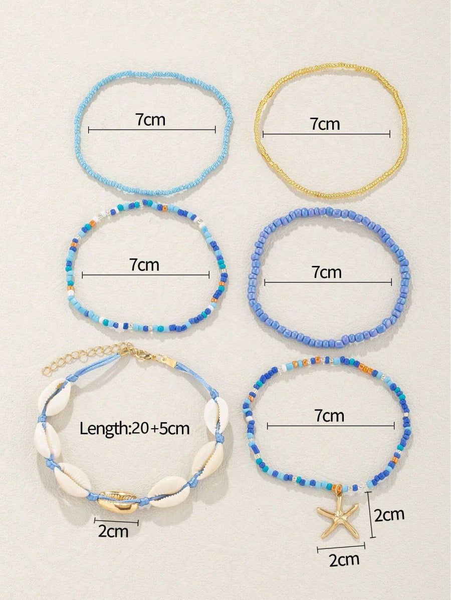 Комплект гривни за глезен, еластични - 6 броя, цветни маниста