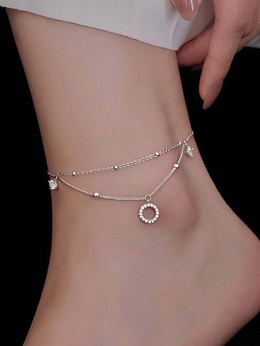 Гривна за глезен неръждаема стомана кръгла висулка с кристали, цвят сребро - BIJU-BG.COM | Онлайн магазин за бижутерия - бижута от стомана, злато и сребро