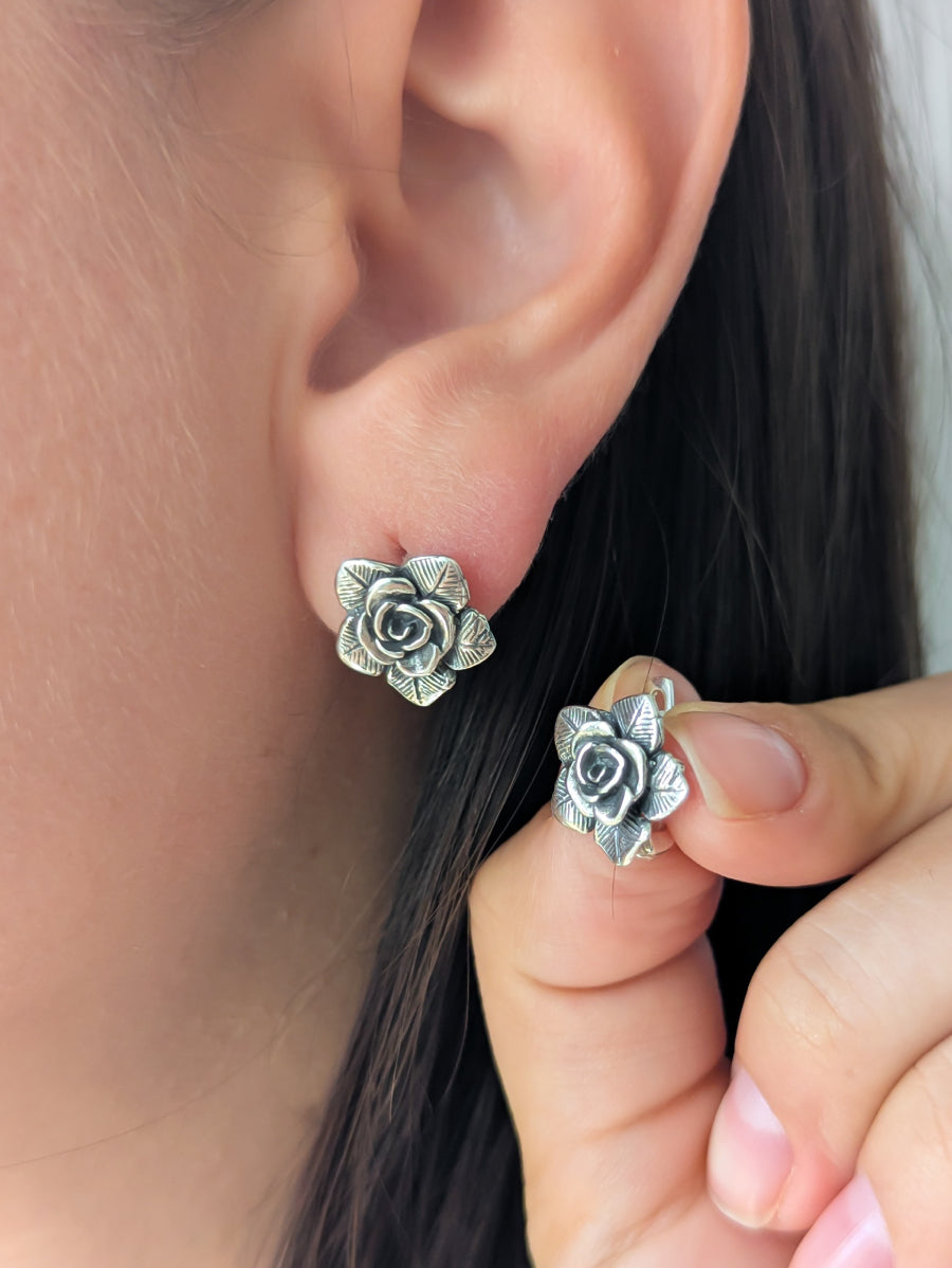 Сребърни обеци флорален мотив цвете роза