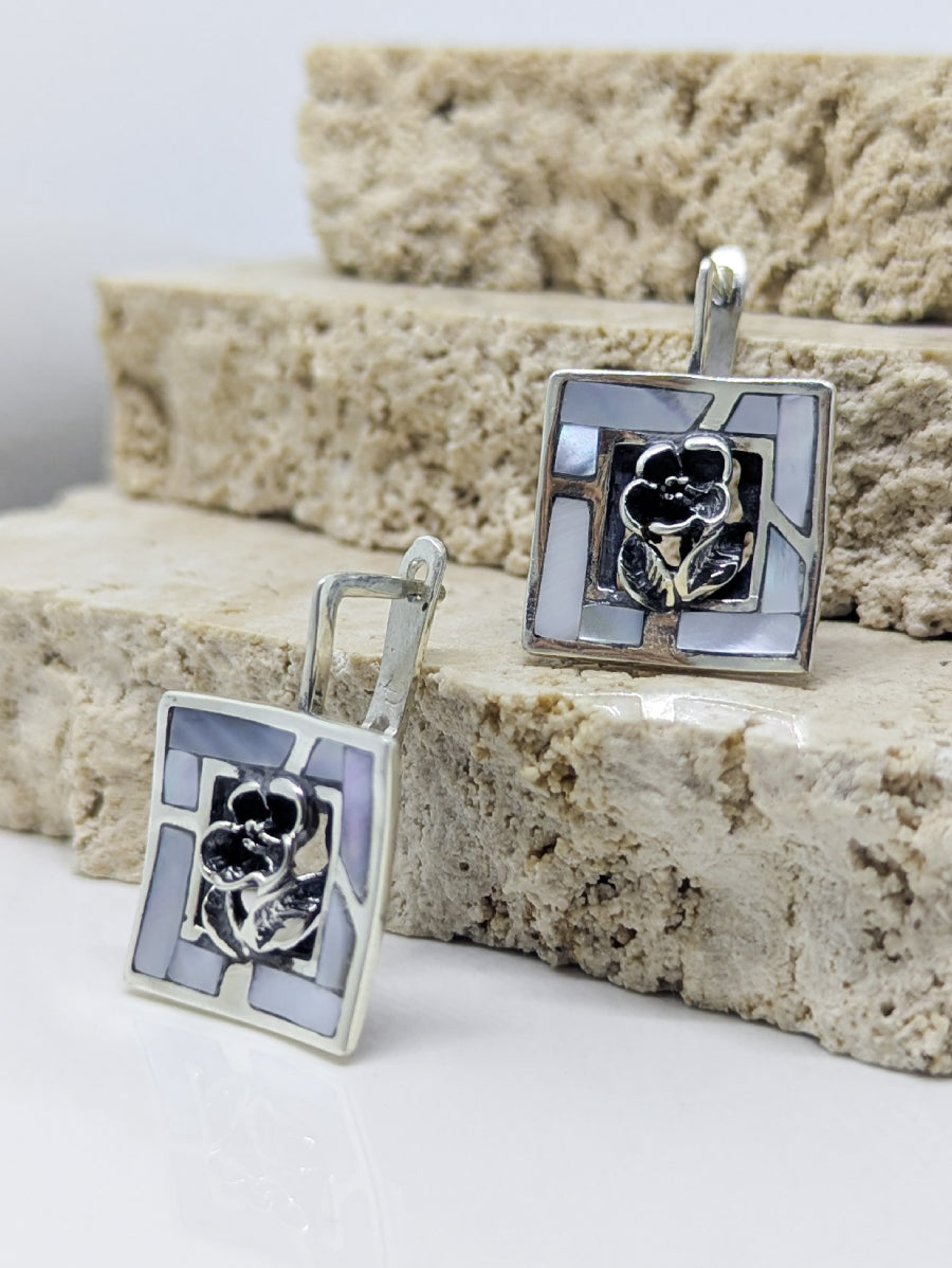 Сребърни обеци със Седеф 17 x 17 мм, английско закопчаване