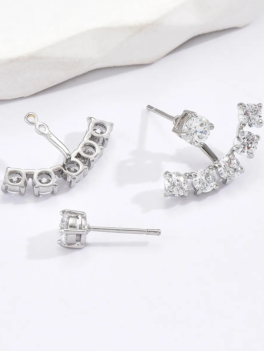 Обеци по дължина на ухото с кристали, медицинска стомана цвят сребро