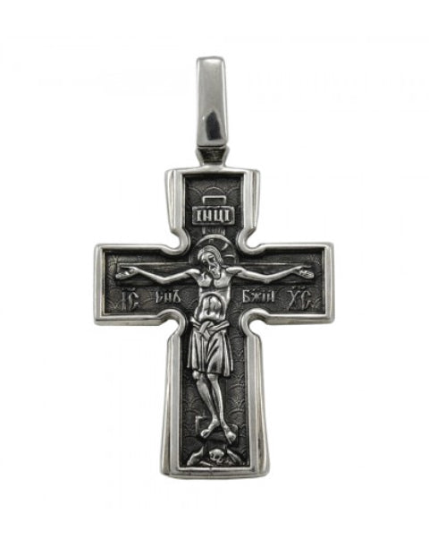 Сребърен православен кръст 925 с високо релефно изображение на Разпятието Христово (ІНЦІ, ІС ХС) – лицева страна на двулицев оксидиран медальон.
