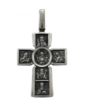 Сребърен православен кръст 925 с релефни икони на Светии и Богородица с Младенеца в центъра – обратна страна на двулицев медальон.