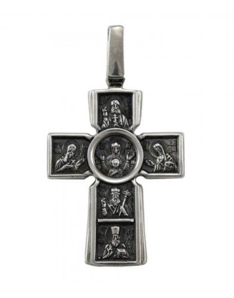 Сребърен православен кръст 925 с релефни икони на Светии и Богородица с Младенеца в центъра – обратна страна на двулицев медальон.