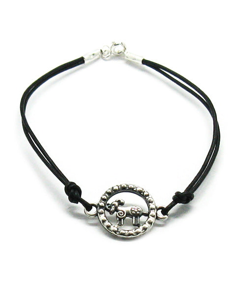 Гривна със зодия, сребро и кожена каишка - зодия Овен