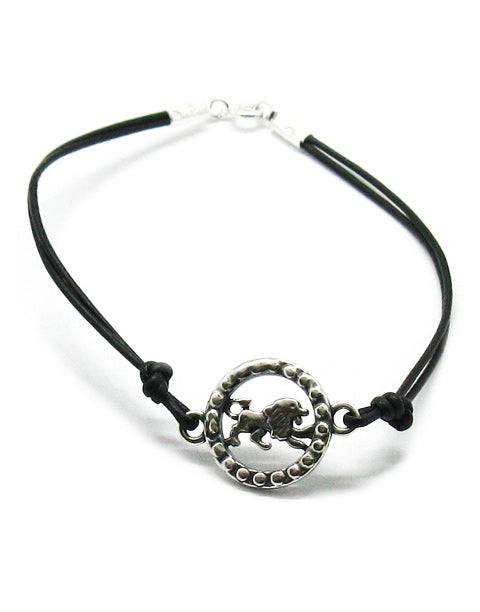 Гривна със зодия, сребро и кожена каишка - зодия Лъв