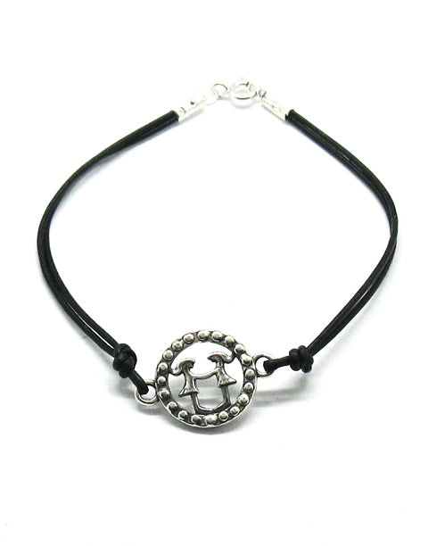 Гривна със зодия, сребро и кожена каишка - зодия Близнаци