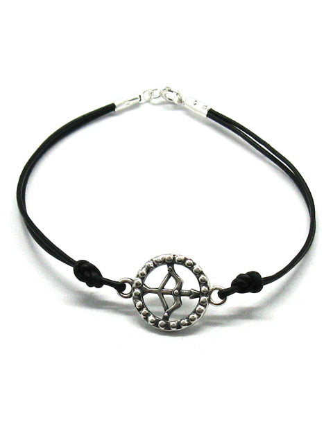 Гривна със зодия, сребро и кожена каишка - зодия Стрелец