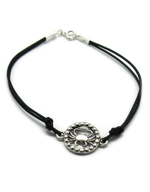 Гривна със зодия, сребро и кожена каишка - зодия Рак