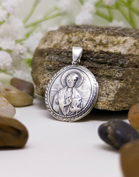 Сребърна икона Свети Петър медальон за кръщене - висулка с две лица